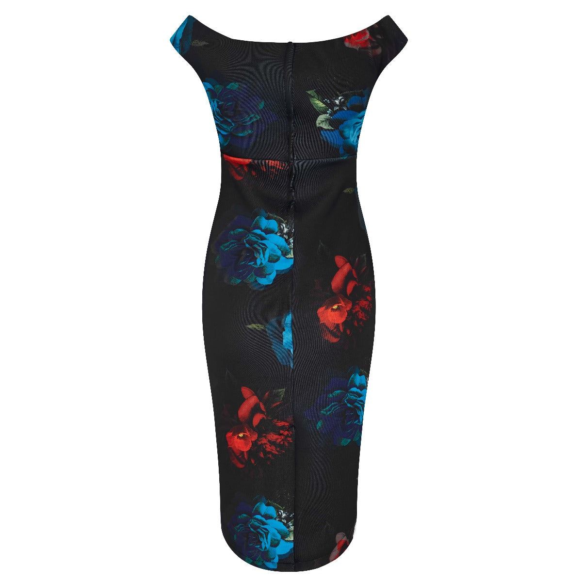 Isabella Off-the-shoulder Wiggle Dress Black, Blue & Red Roses