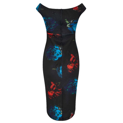 Isabella Off-the-shoulder Wiggle Dress Black, Blue & Red Roses