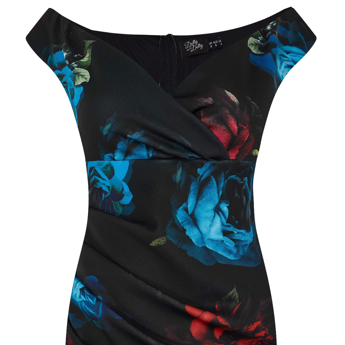 Isabella Off-the-shoulder Wiggle Dress Black, Blue & Red Roses