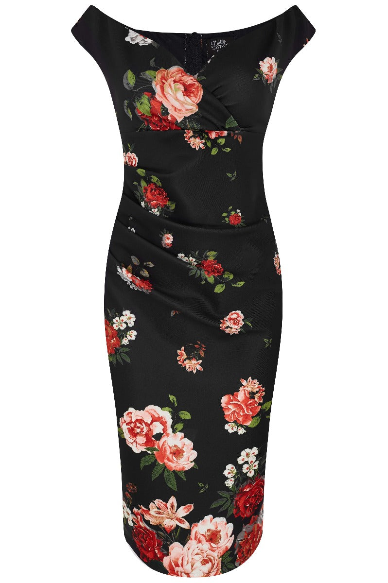 Isabella Step-In Tight Wiggle Dress - Black & Red, Pink Roses