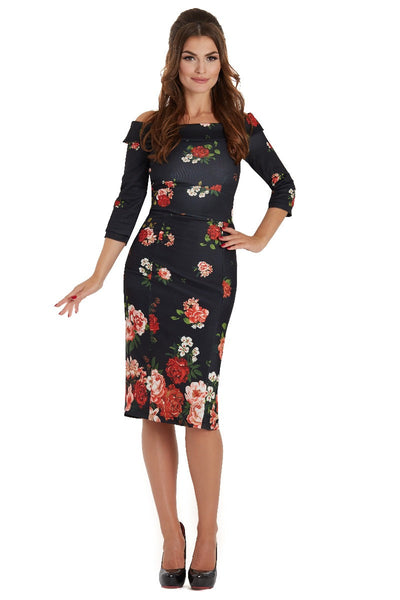 Denise Vintage Inspired Wiggle Dress - Roses in Black