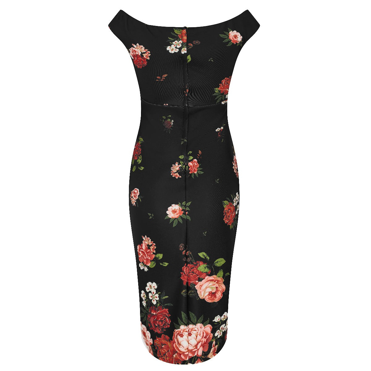 Isabella Step-In Tight Wiggle Dress - Black & Red, Pink Roses