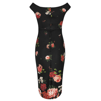Isabella Step-In Tight Wiggle Dress - Black & Red, Pink Roses