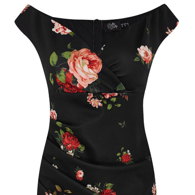 Isabella Step-In Tight Wiggle Dress - Black & Red, Pink Roses