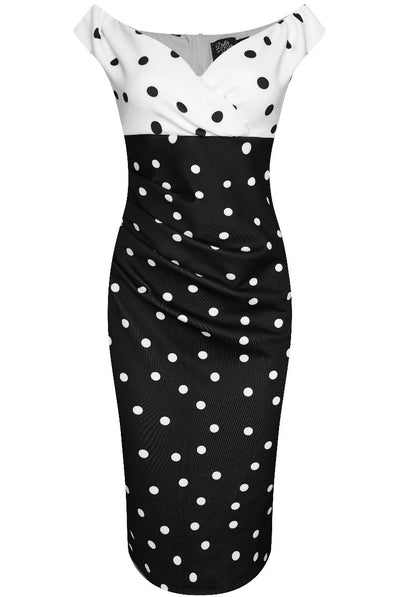 Isabella Off-the-shoulder Tight Dress White & Black Polka Dots
