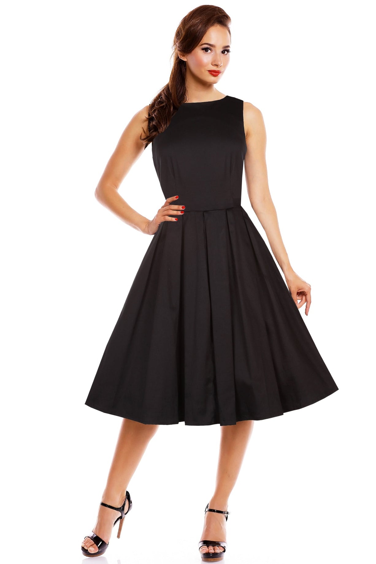 Stylish 50's Retro Swing Dress With Pockets in Plain Black