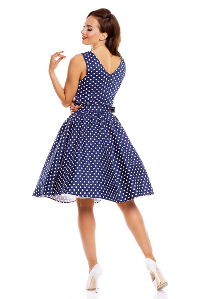 Stylish Inspired Swing Dress in Dark Blue Polka Dots