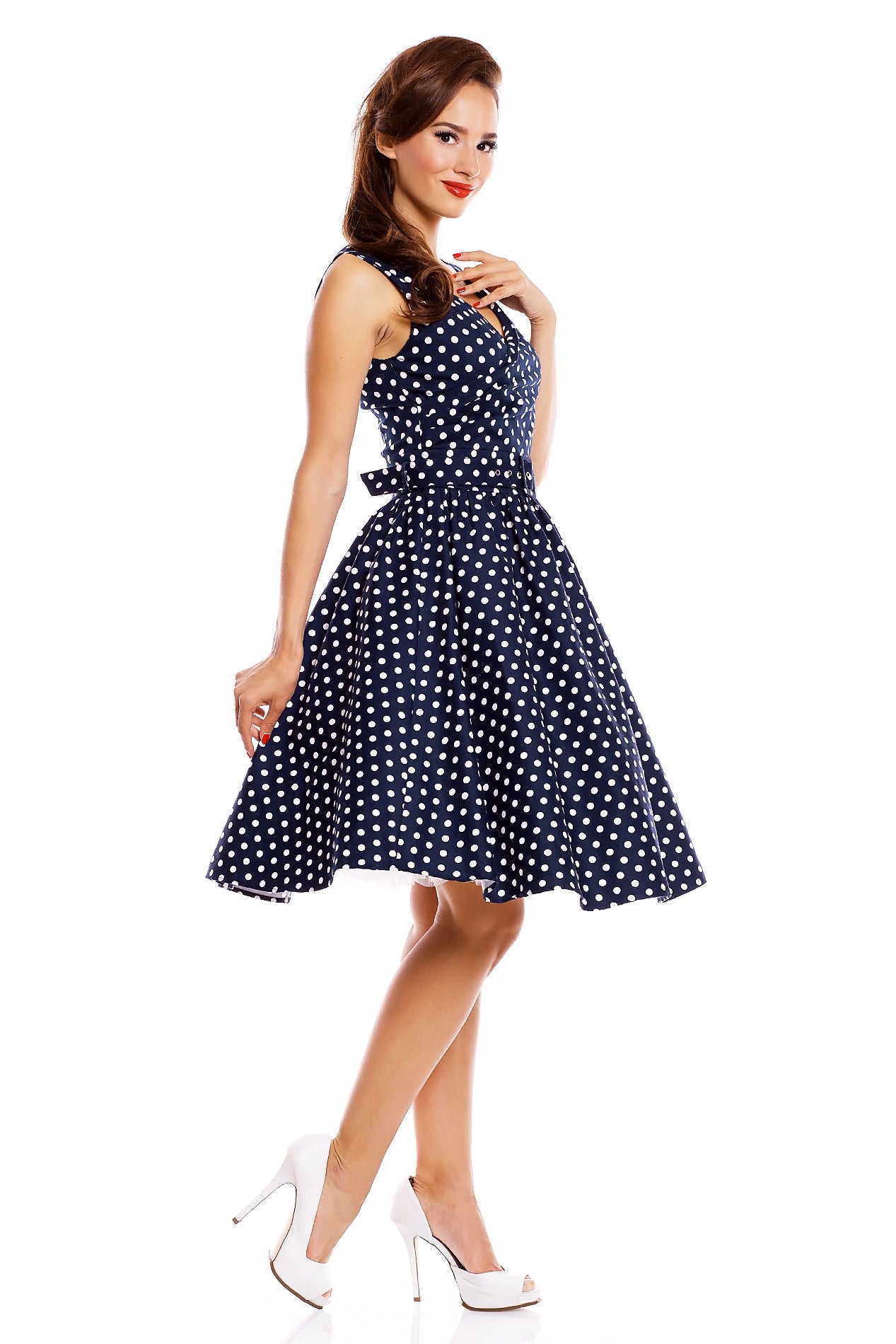 Stylish V-neck Polka Dot Swing Dress in Navy Blue