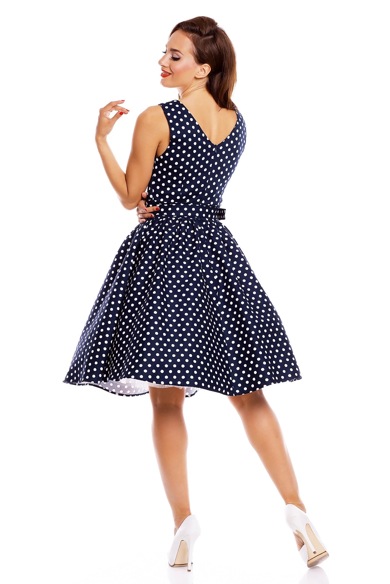 Stylish V-neck Polka Dot Swing Dress in Navy Blue