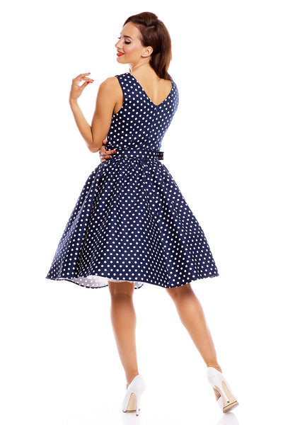 Stylish V-neck Polka Swing Dress in Navy Blue