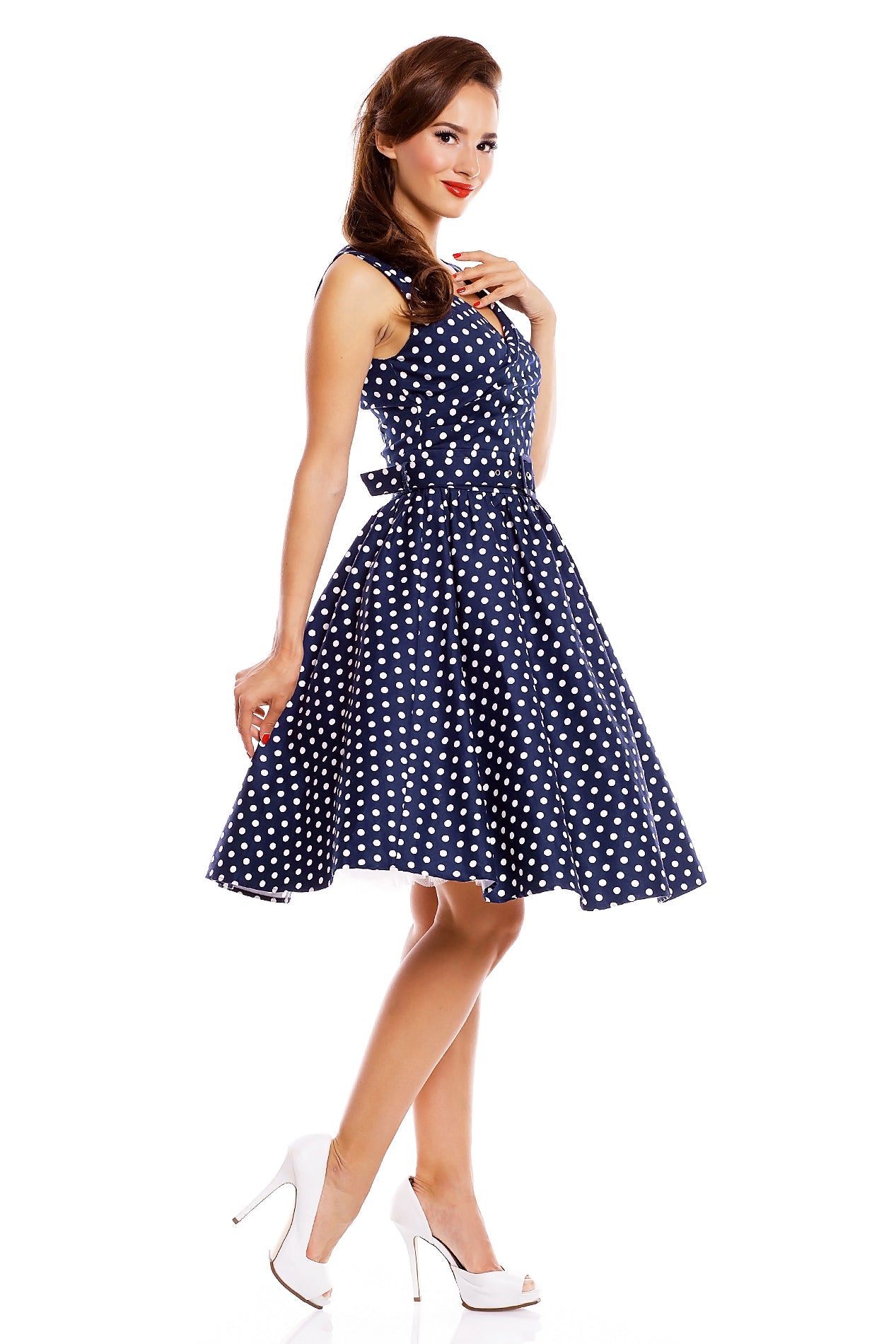 Stylish V-neck Polka Swing Dress in Navy Blue