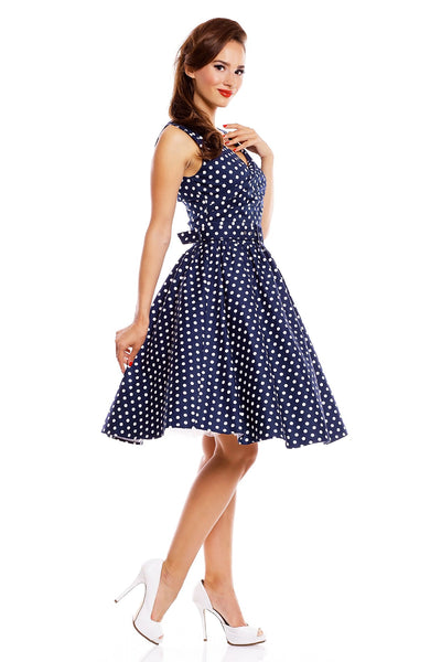 Stylish V-neck Polka Swing Dress in Navy Blue