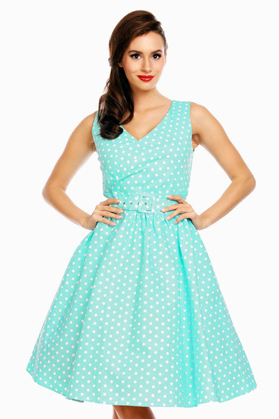 May Stylish V-neck Vintage Inspired Polka Swing Dress in Aqua