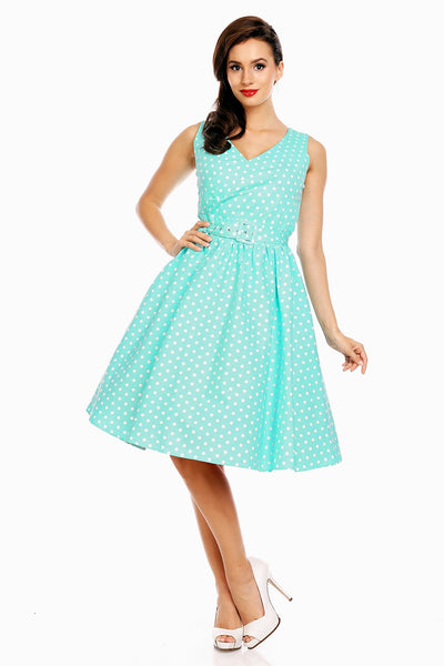 May Stylish V-neck Vintage Inspired Polka Swing Dress in Aqua
