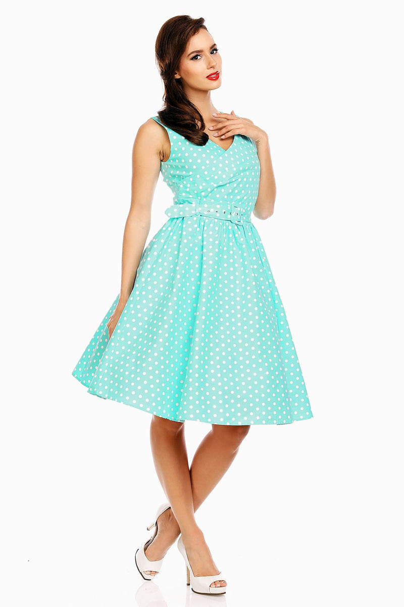 May Stylish V-neck Vintage Inspired Polka Swing Dress in Aqua