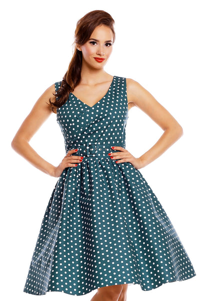 Stylish V-neck Vintage Inspired Polka Swing Dress in Peacock Blue