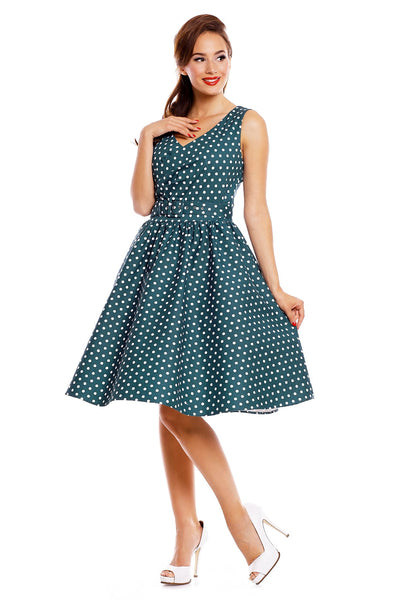 Stylish V-neck Vintage Inspired Polka Swing Dress in Peacock Blue