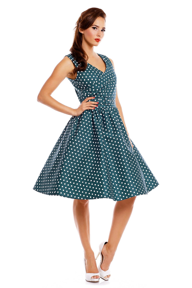 Stylish V-neck Vintage Inspired Polka Swing Dress in Peacock Blue