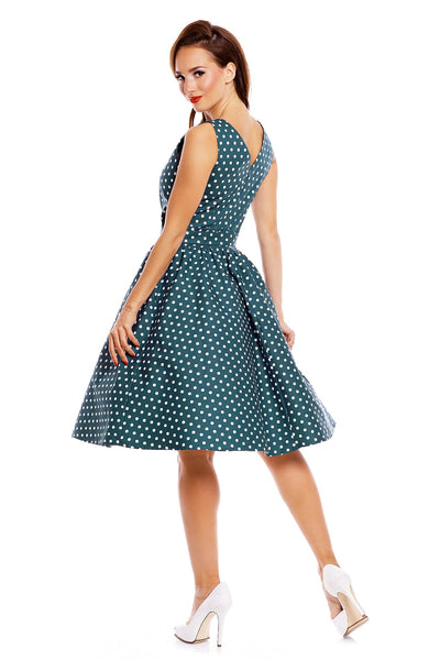 Stylish V-neck Vintage Inspired Polka Swing Dress in Peacock Blue