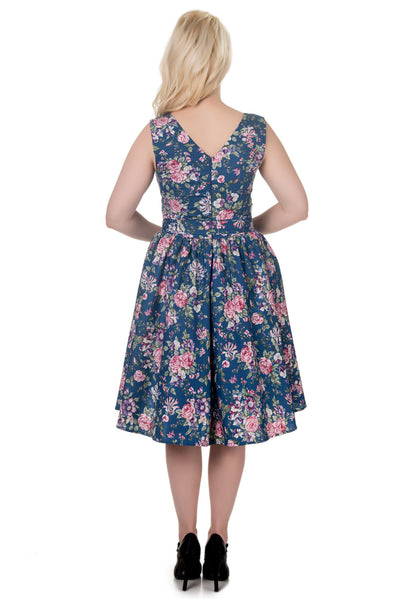 Stylish V-neck Vintage Inspired Swing Dress in Blue