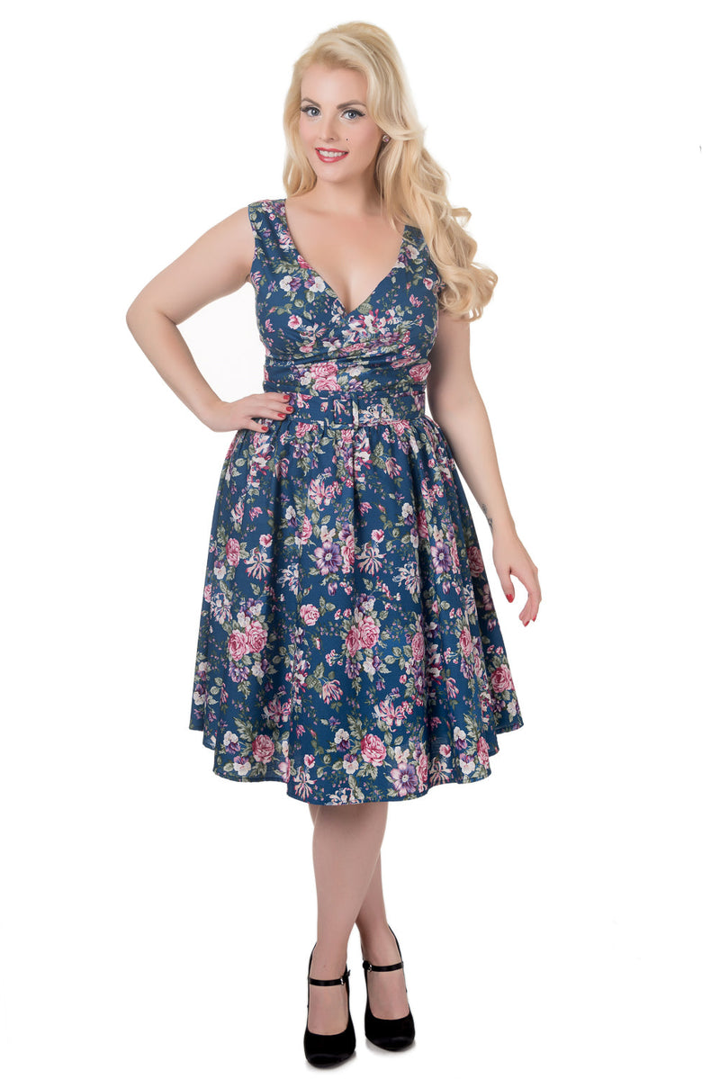 Stylish V-neck Vintage Inspired Swing Dress in Blue