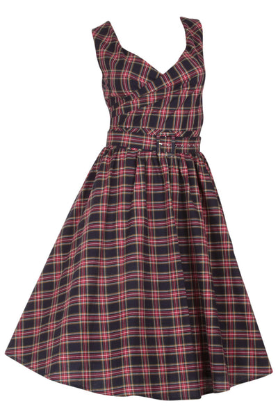 Stylish V-neck Vintage Inspired Swing Dress in Navy Blue-Red