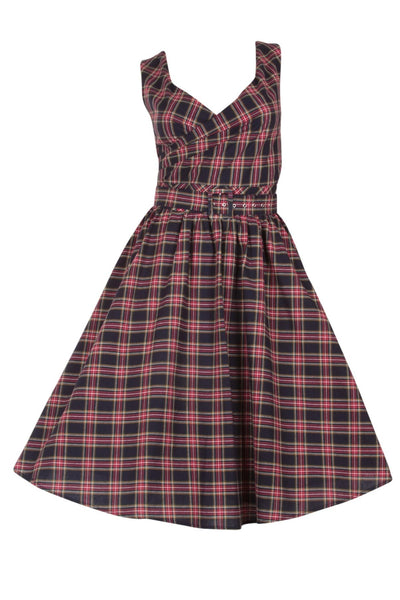 Stylish V-neck Vintage Inspired Swing Dress in Navy Blue-Red