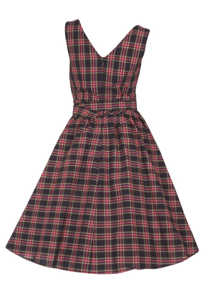 Stylish V-neck Vintage Inspired Swing Dress in Navy Blue-Red