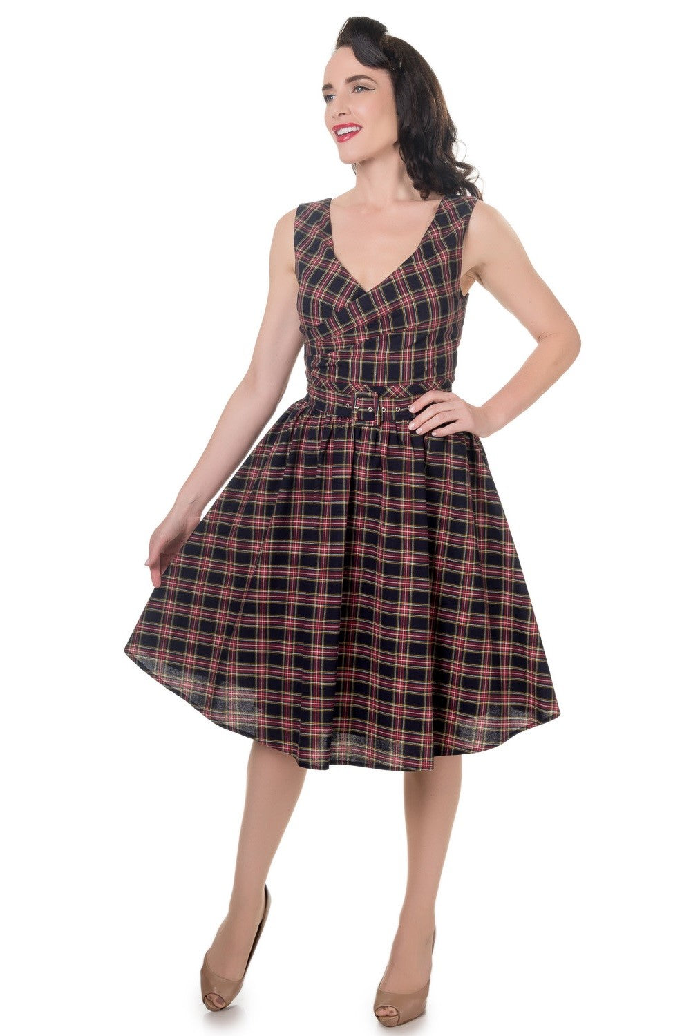 Stylish V-neck Vintage Inspired Swing Dress in Navy Blue-Red
