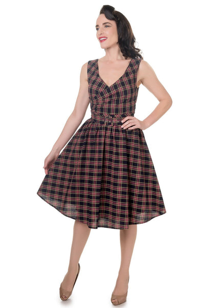 Stylish V-neck Vintage Inspired Swing Dress in Navy Blue-Red