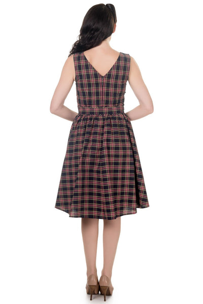 Stylish V-neck Vintage Inspired Swing Dress in Navy Blue-Red