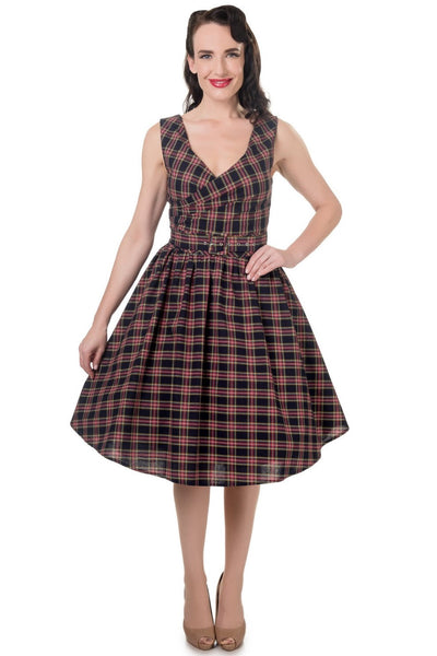 Stylish V-neck Vintage Inspired Swing Dress in Navy Blue-Red