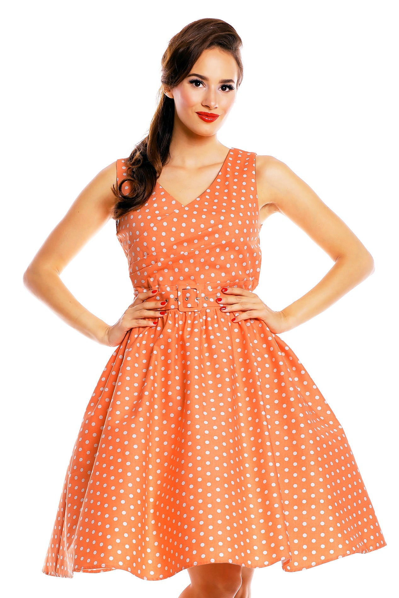 Stylish V-neck Vintage Inspired Swing Dress in Peach