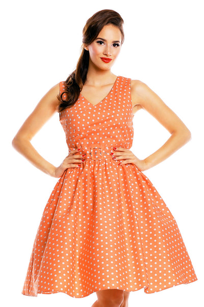 Stylish V-neck Vintage Inspired Swing Dress in Peach