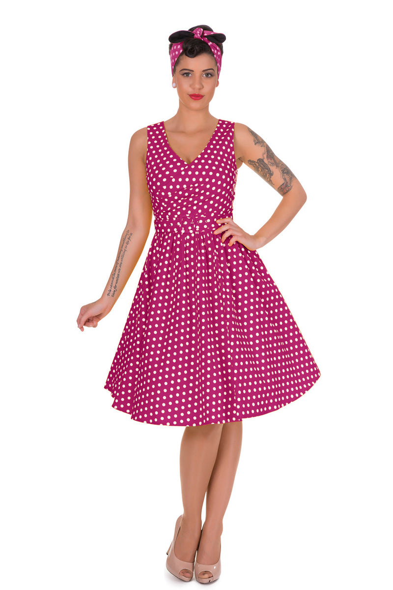 Stylish V-neck Vintage Inspired Swing Dress in Purple Polka Dots
