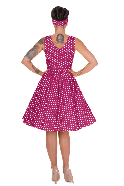 Stylish V-neck Vintage Inspired Swing Dress in Purple Polka Dots