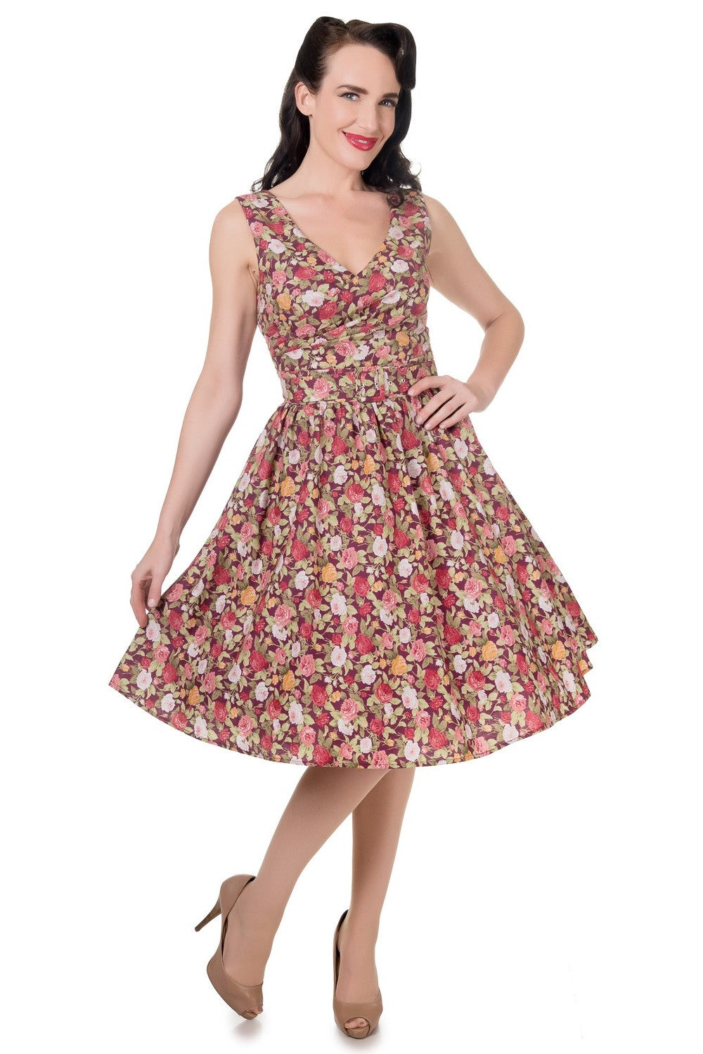 Stylish V-neck Vintage Inspired Swing Dress in Purple