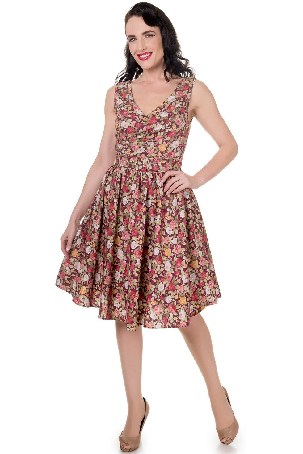 Stylish V-neck Vintage Inspired Swing Dress in Purple