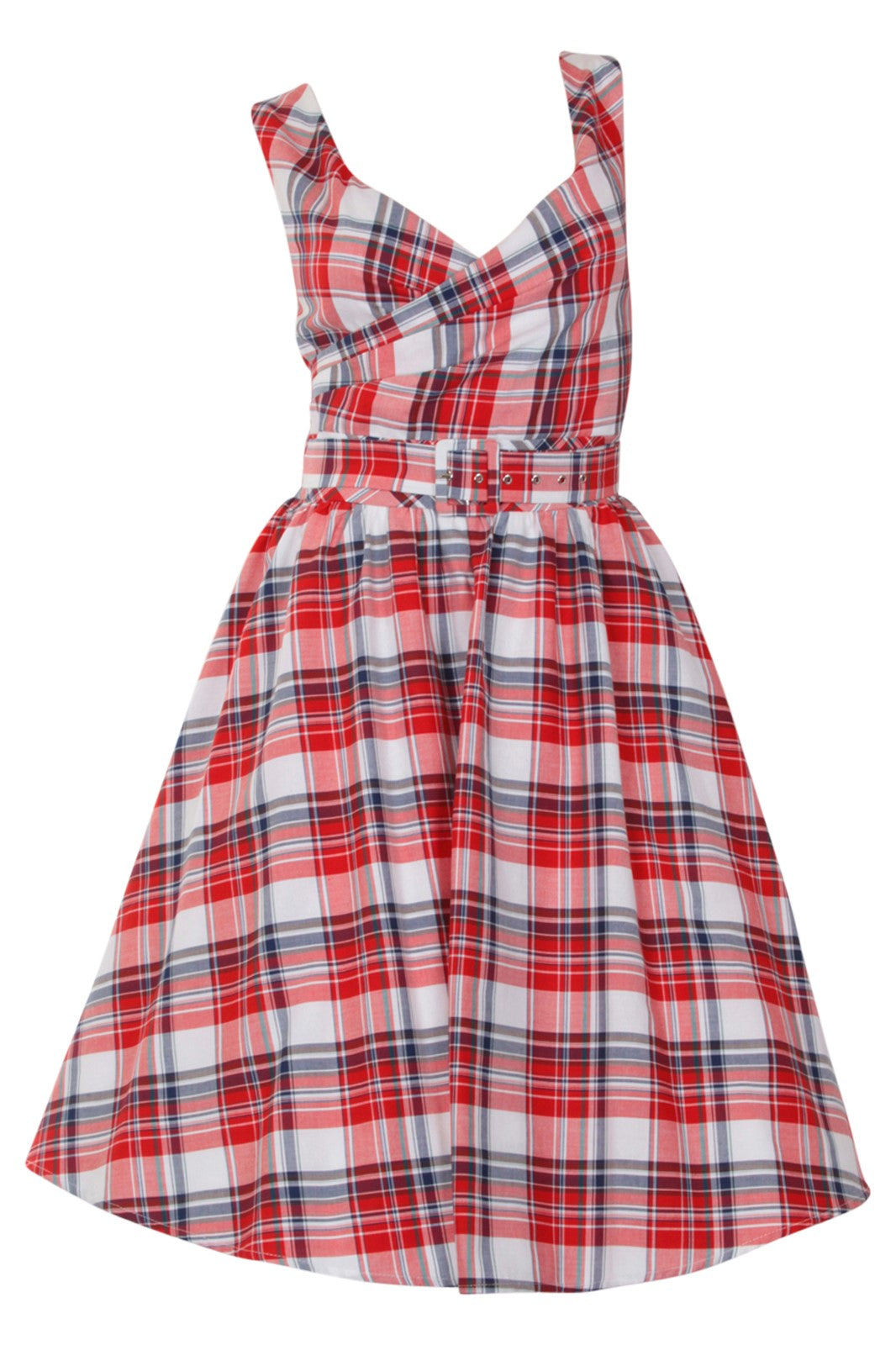Stylish V-neck Vintage Inspired Swing Dress in Red-White
