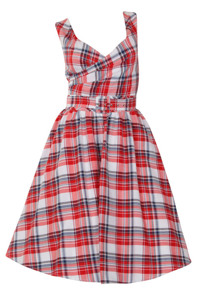 Stylish V-neck Vintage Inspired Swing Dress in Red-White