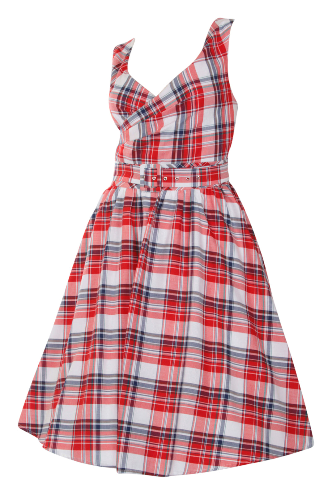 Stylish V-neck Vintage Inspired Swing Dress in Red-White