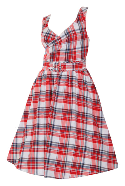 Stylish V-neck Vintage Inspired Swing Dress in Red-White
