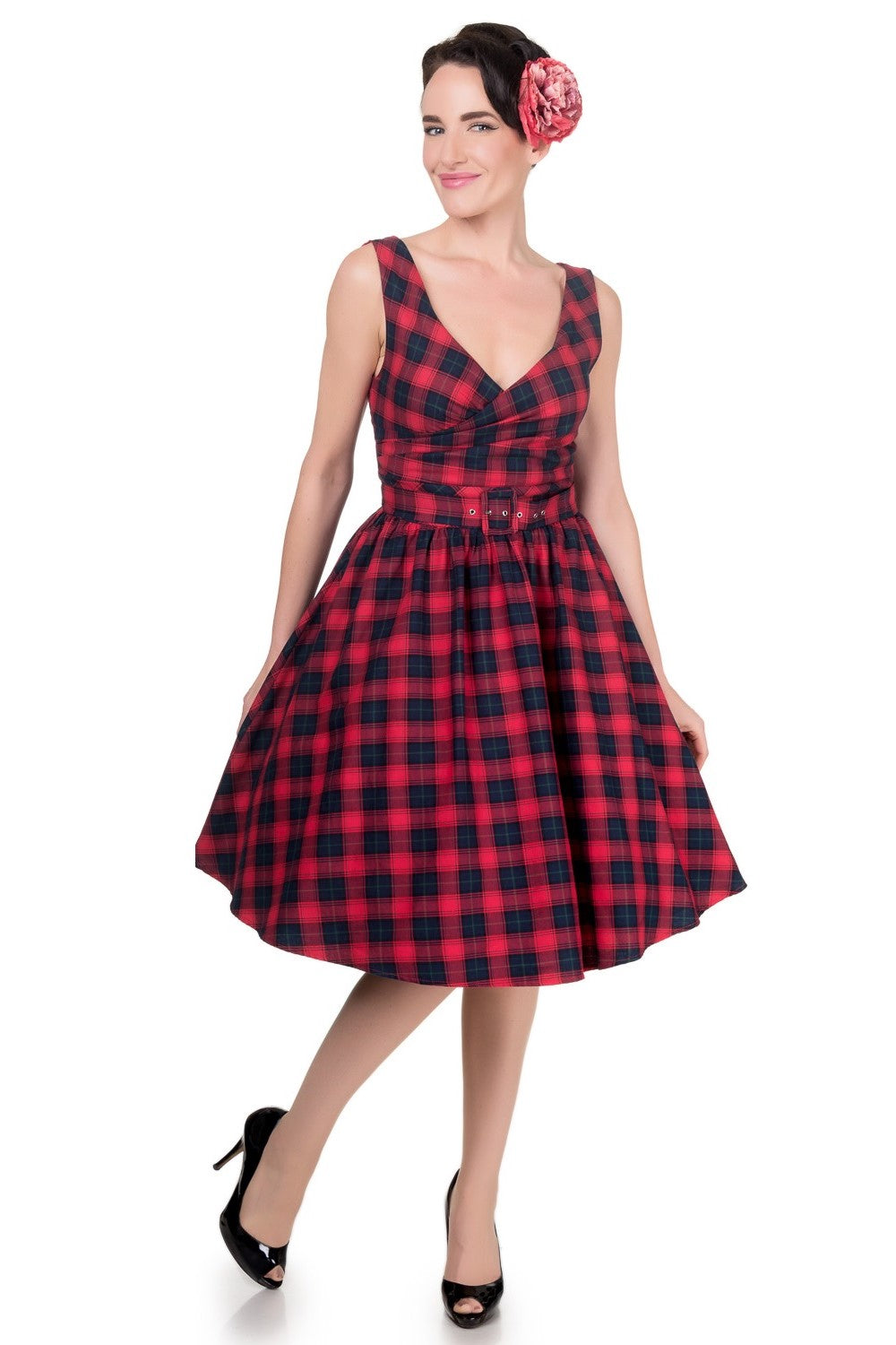 Stylish V-neck Vintage Swing Dress in Red-Blue
