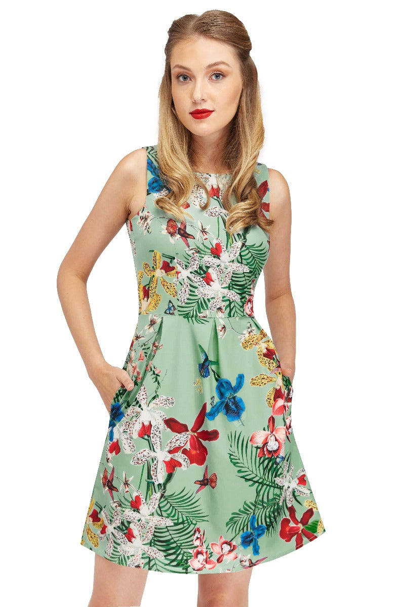 Sleeveless Summer Dress in Green with Botanical Print and Pockets
