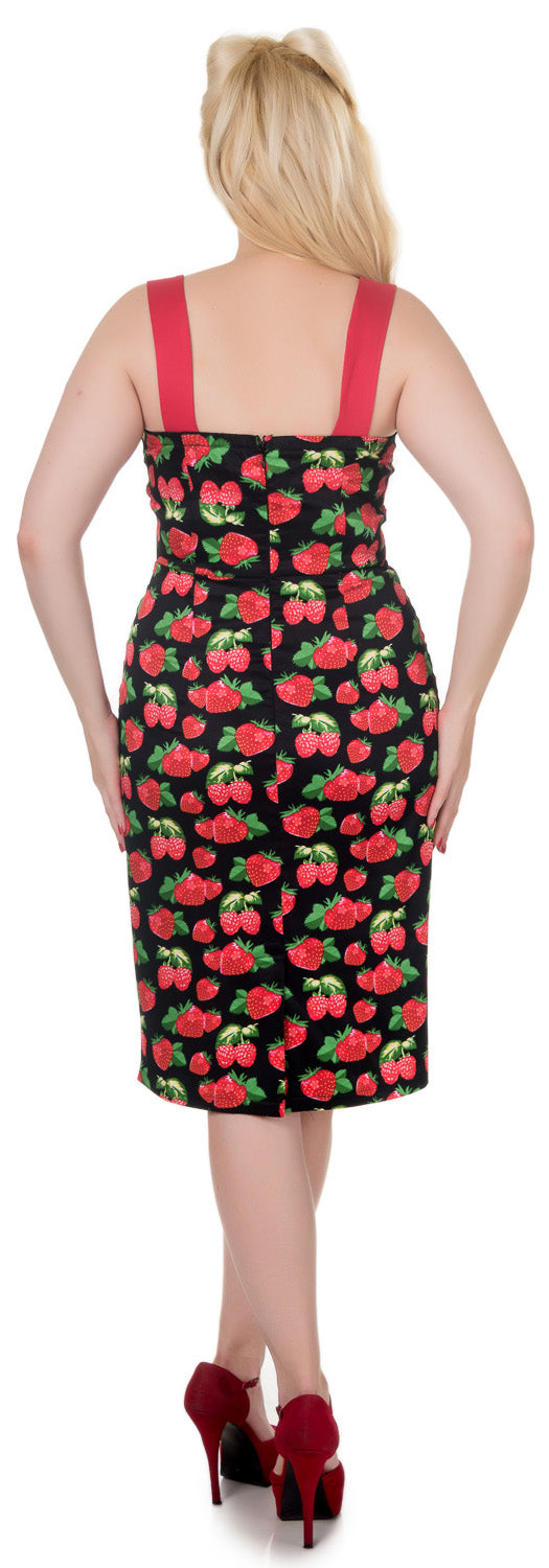 Thelma Strawberry Print Wiggle Party Dress in Black