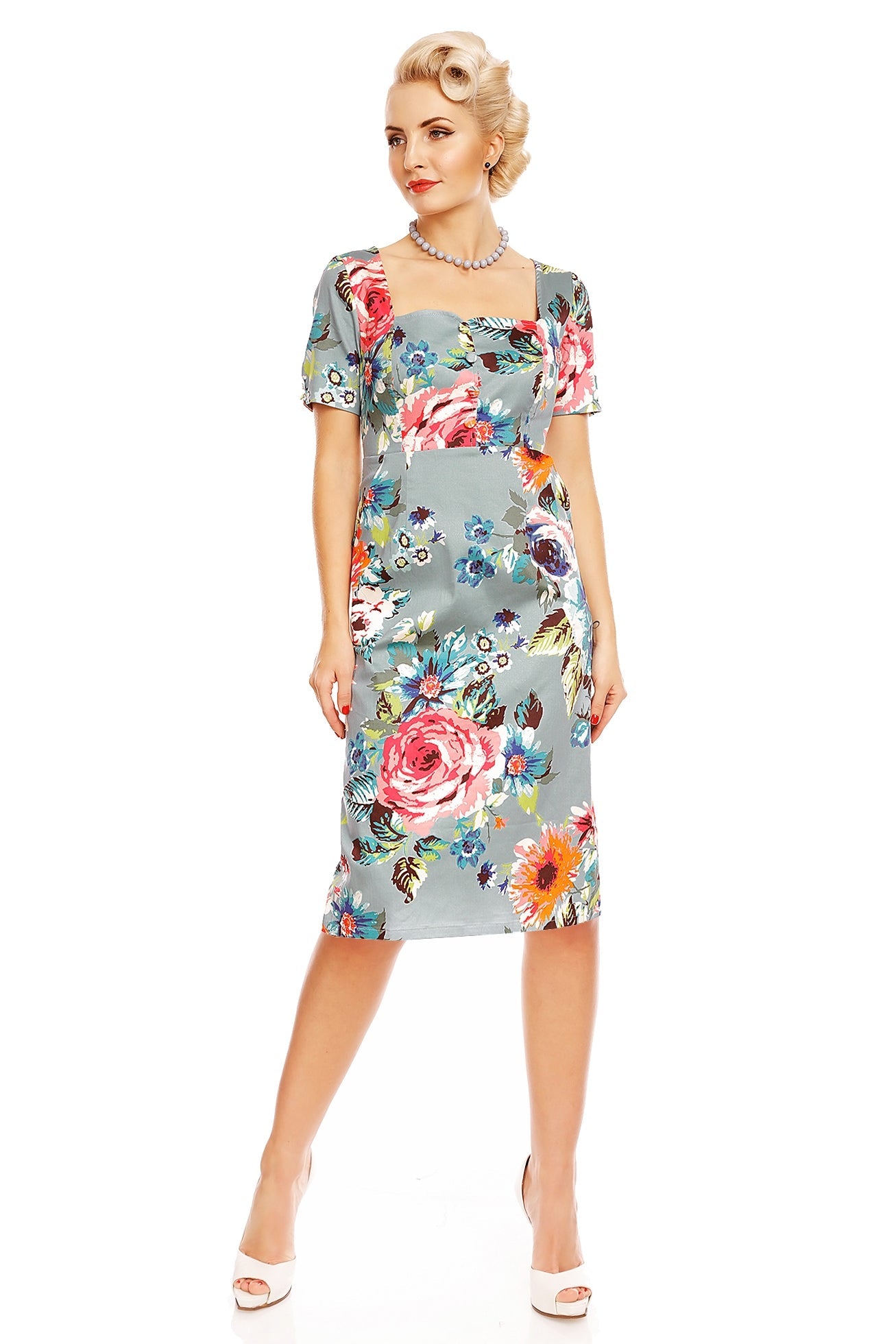 Daisy Floral Sleeve Pocket Pencil Dress in Blue-Pink