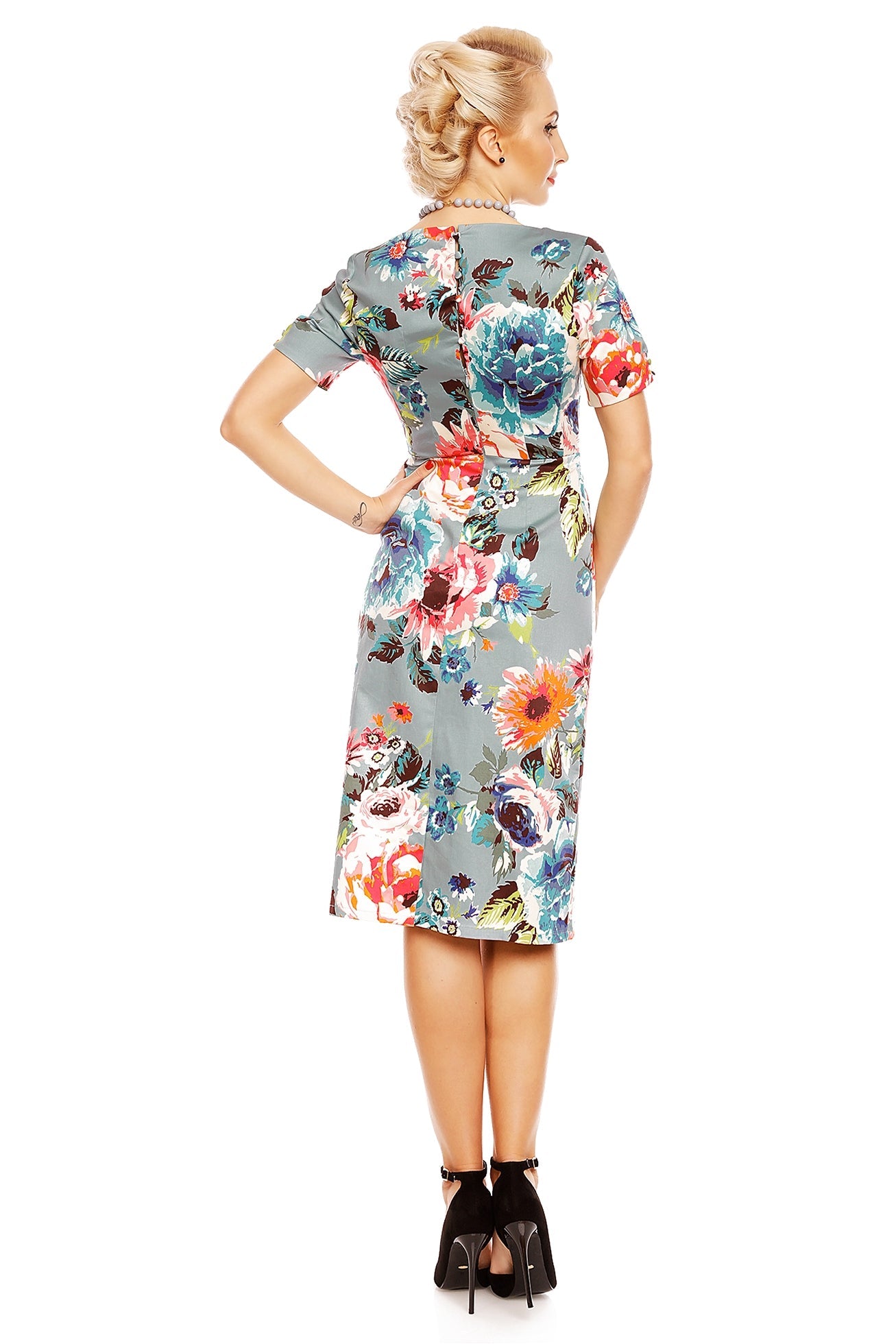 Daisy Floral Sleeve Pocket Pencil Dress in Blue-Pink
