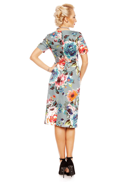 Daisy Floral Sleeve Pocket Pencil Dress in Blue-Pink
