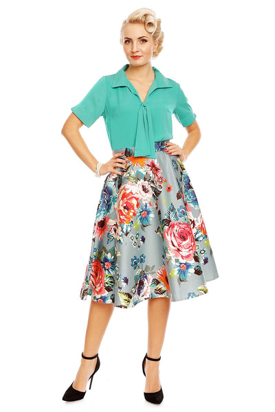 Blossom Pocketed Floral Flared Skirt in Blue-Pink