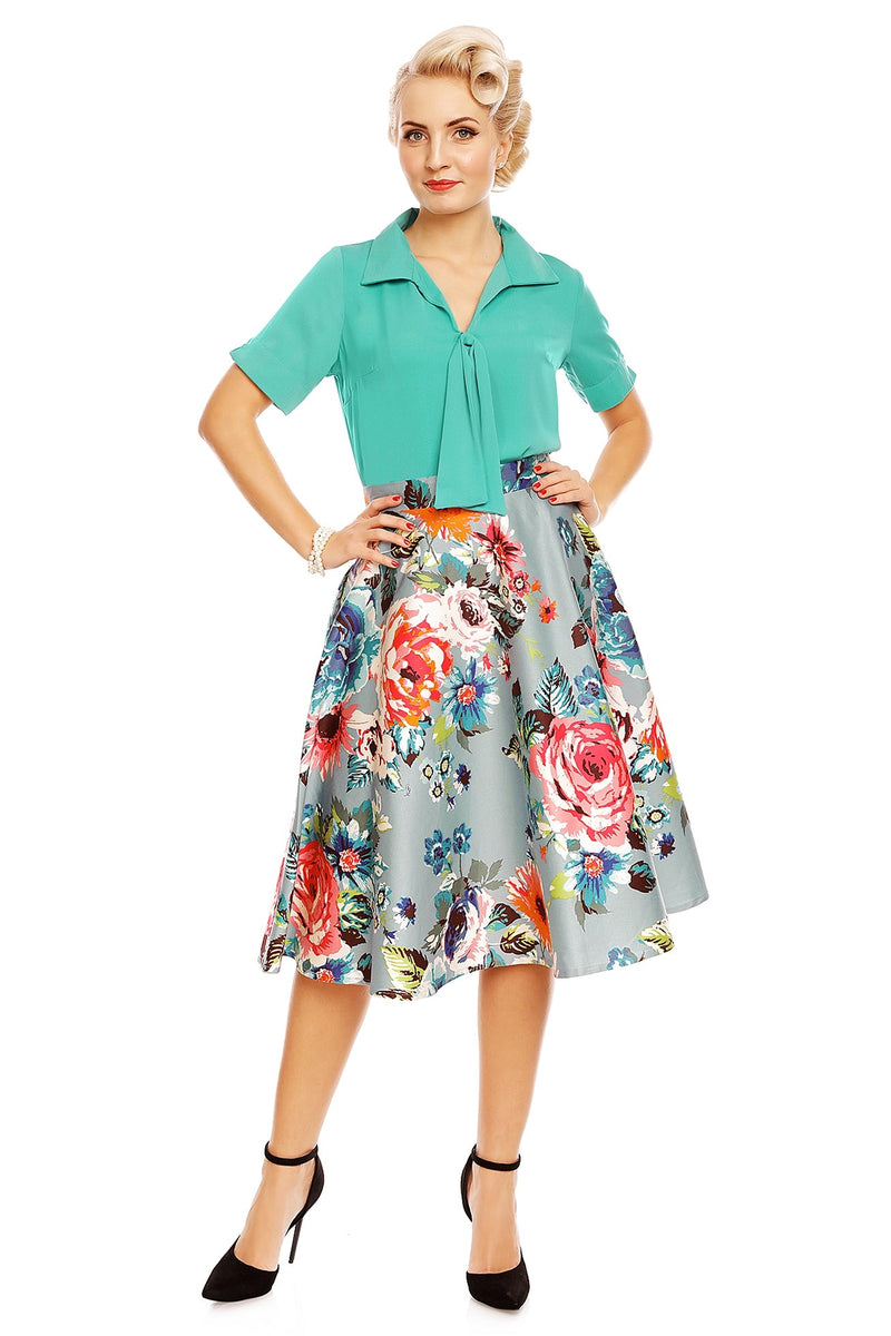 Blossom Pocketed Floral Flared Skirt in Blue-Pink